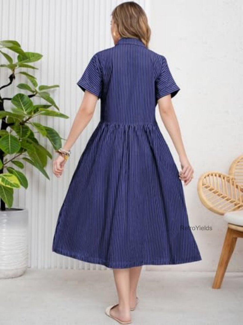 Boho Striped Shirt Dress with Pockets Button Down Side Slit Mid Length - Picture 4 of 7